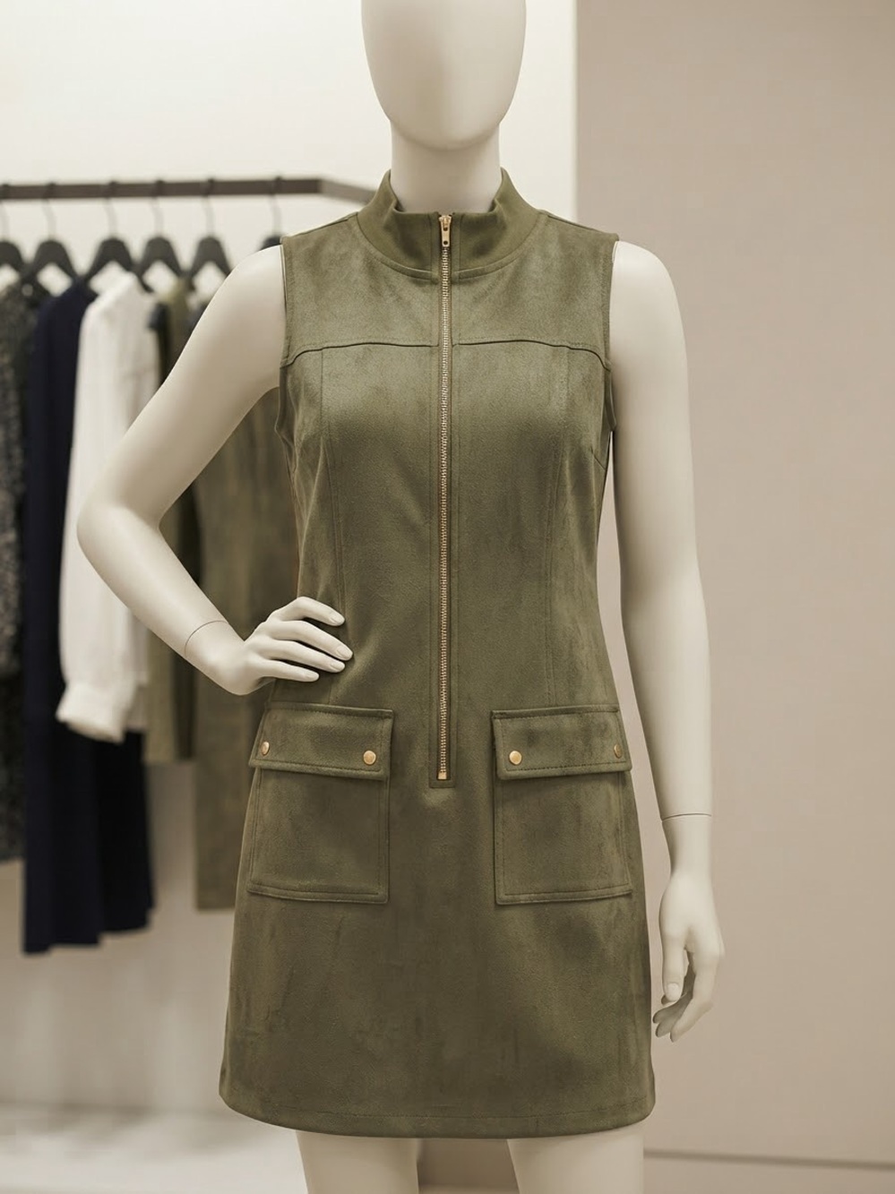 Shelby & Palmer Olive Zip-Front Sleeveless Mini Dress